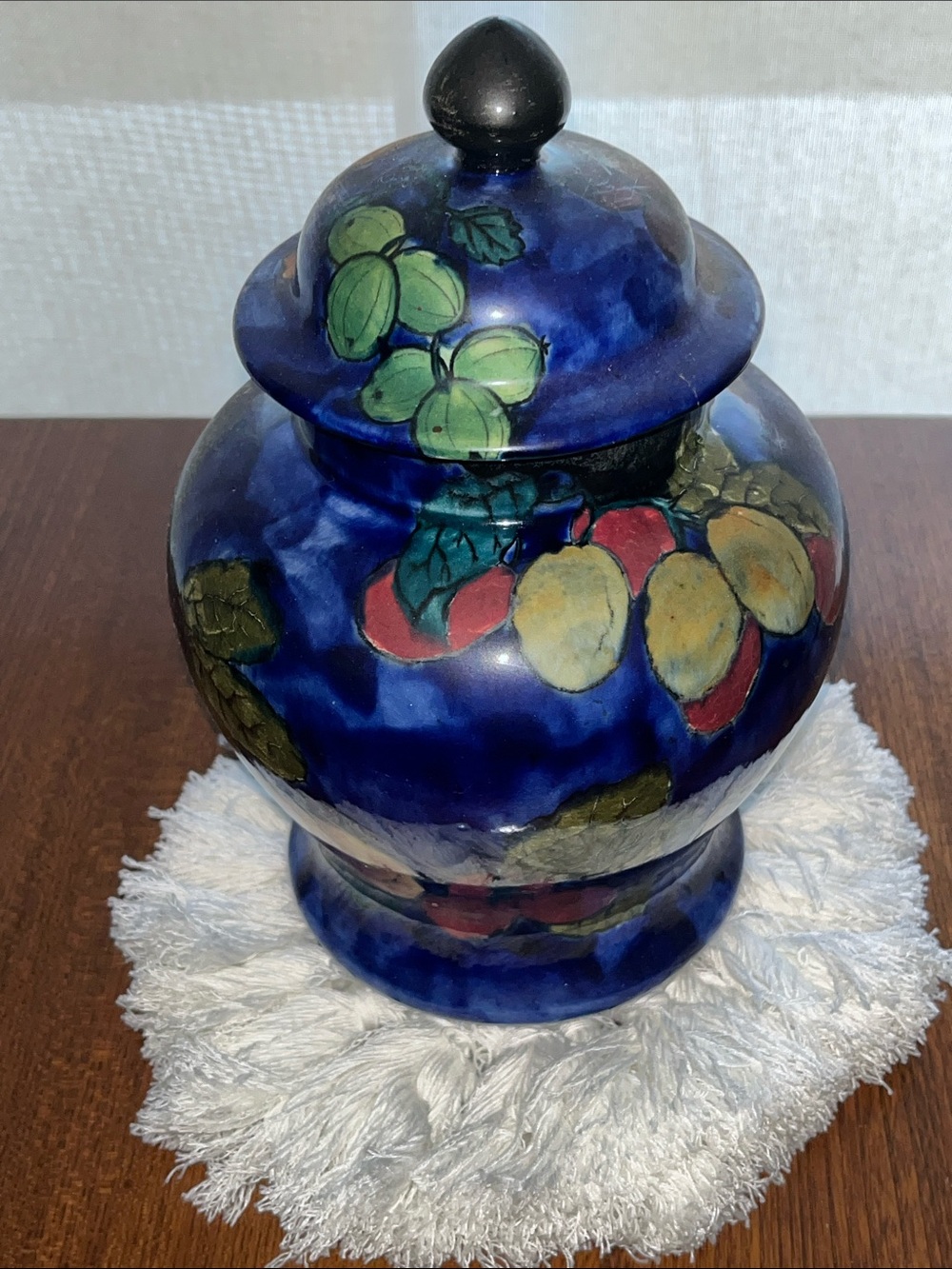 Antique 1937 Blue Fruit Motif Ceramic Ginger Jar 8-10”